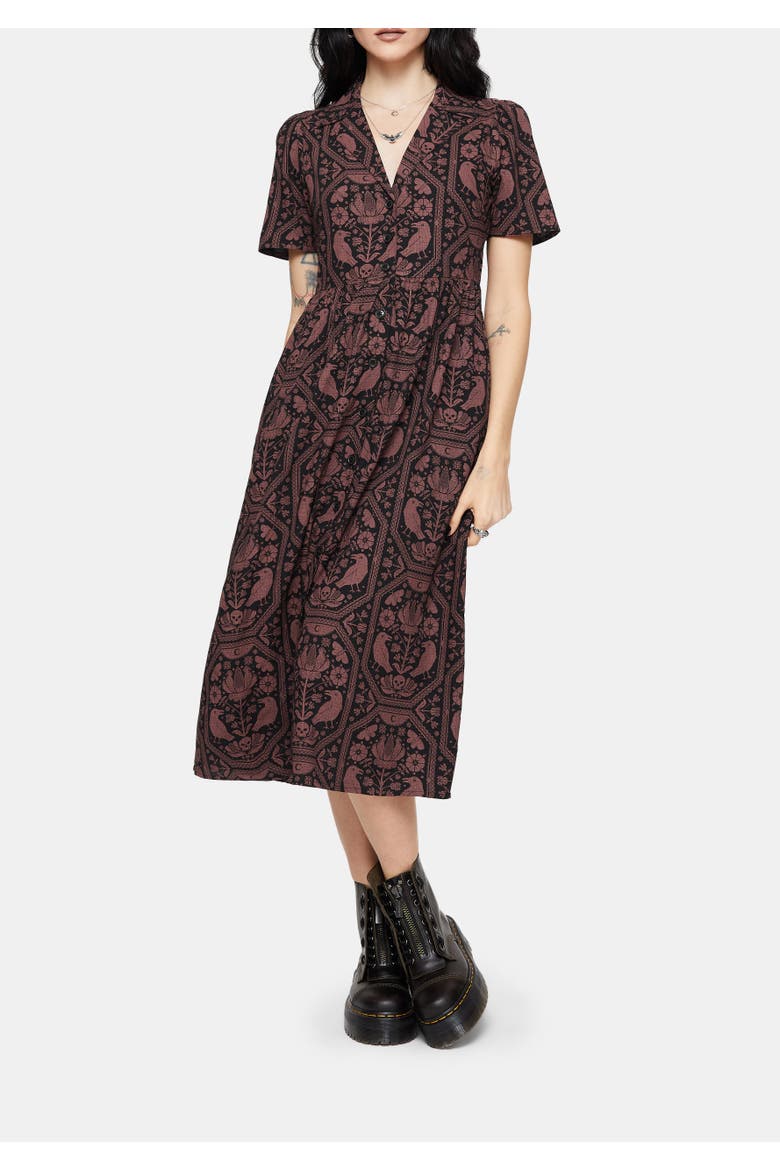 Annabel Raven Print Midi Shirt Dress, Main, color, Black