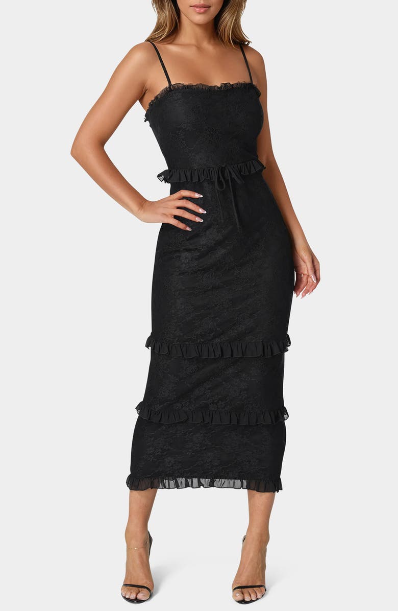 bebe Lace Ruffle Maxi Dress, Main, color,