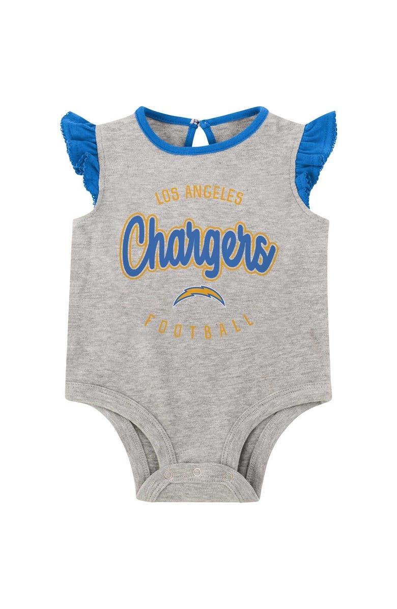 Outerstuff Newborn Heather Gray/Powder Blue Los Angeles Chargers All Dolled Up Three-Piece Bodysuit, Skirt & Booties Set, Alternate, color, 