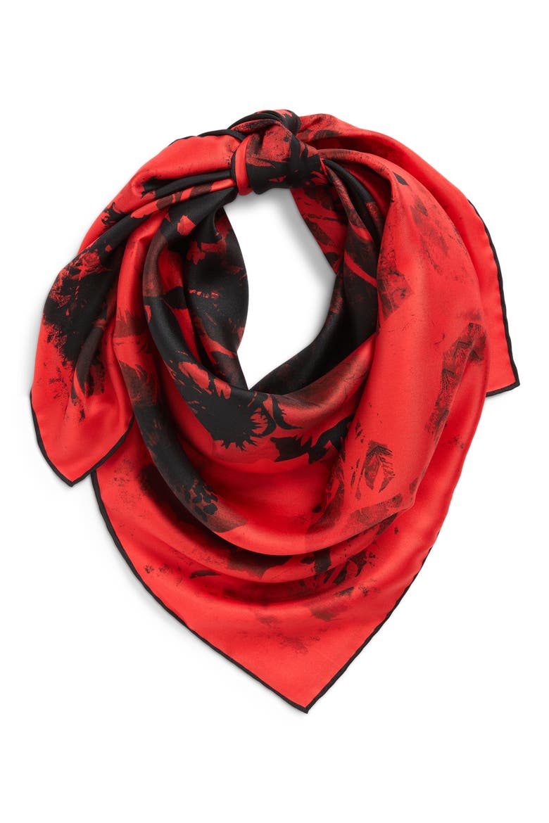 Floral Collage Silk Twill Square Scarf, Alternate, color, RED/ BLACK