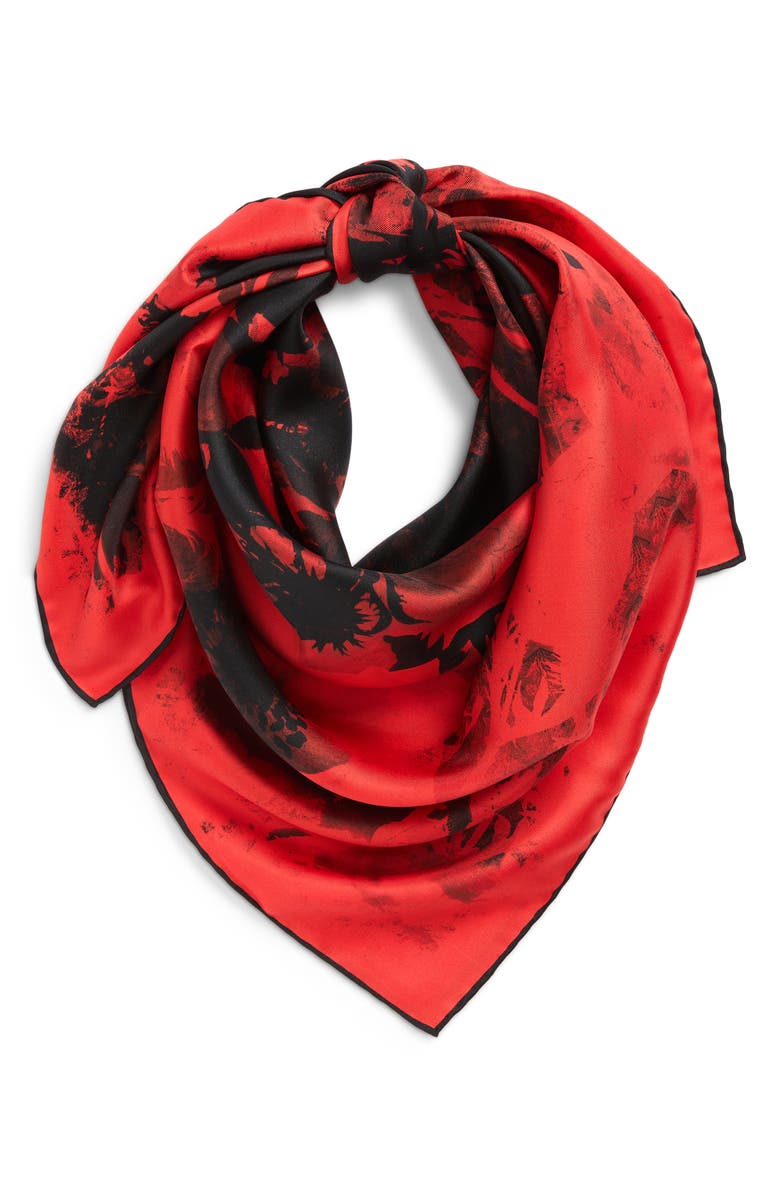McQueen Floral Collage Silk Twill Square Scarf, Alternate, color, Red/ Black