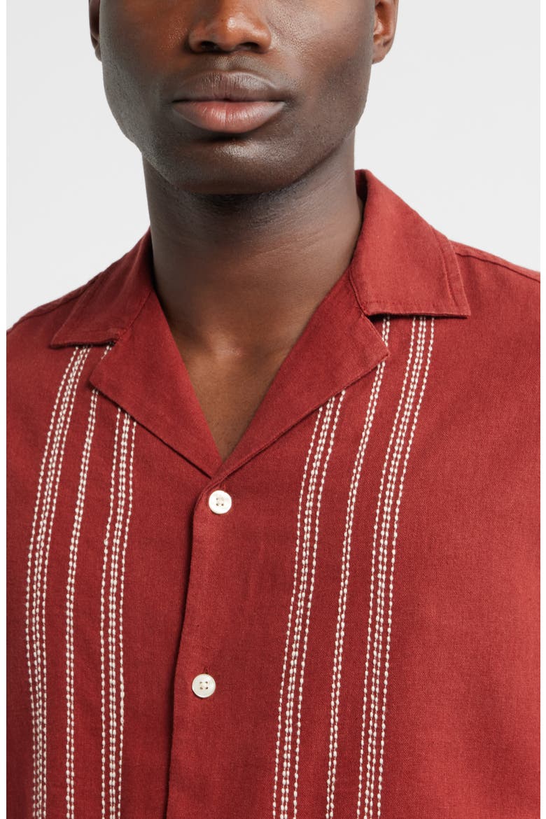 Frame Embroidered Short Sleeve Linen Blend Button-Up Shirt, Alternate, color, RED BRICK FRAMED BORDER