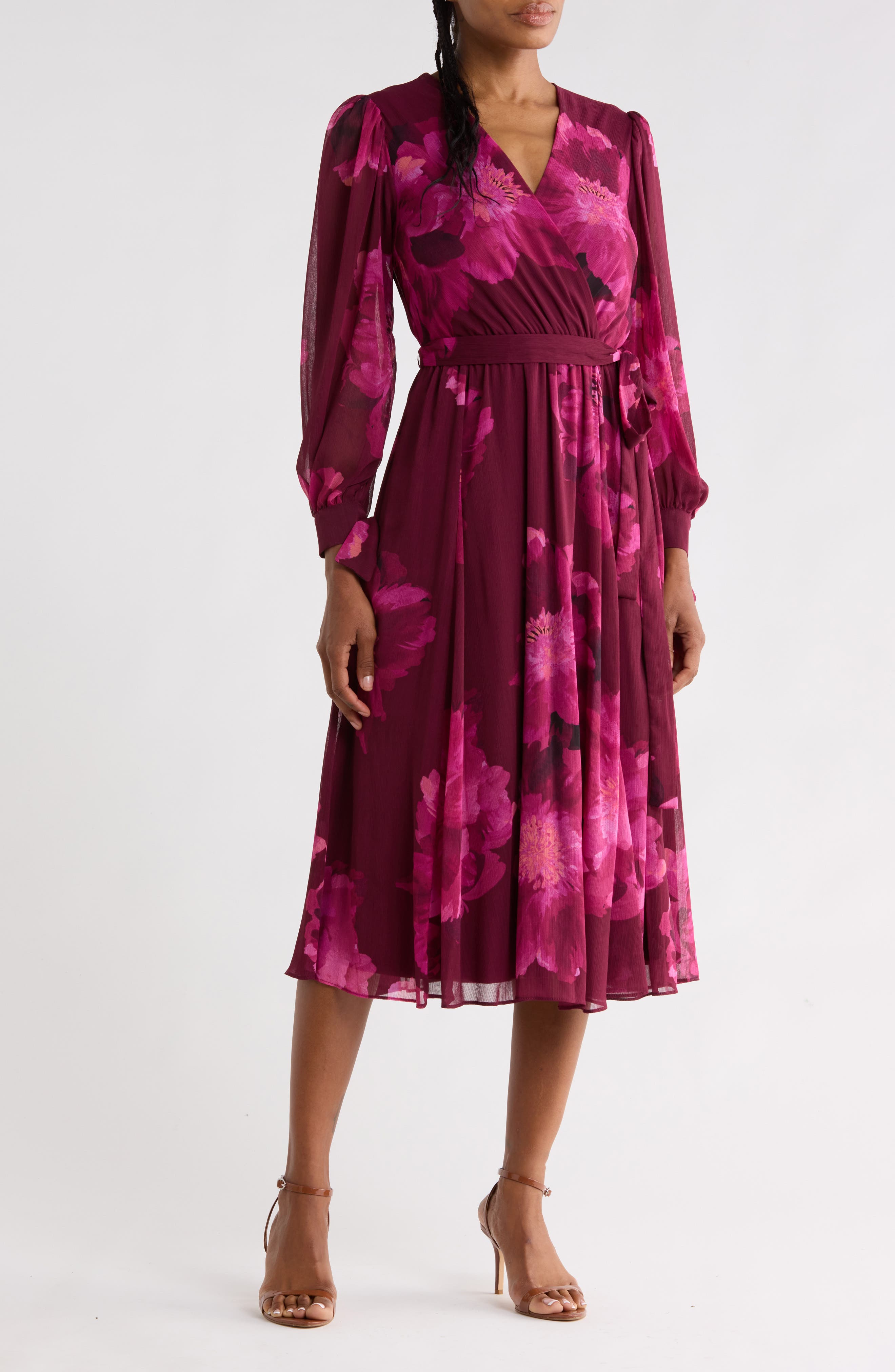 Floral Long Sleeve Chiffon Wrap Dress