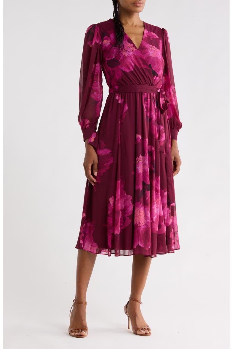 Floral Long Sleeve Chiffon Wrap Dress, Main, color, ROSEWOOD MULTI