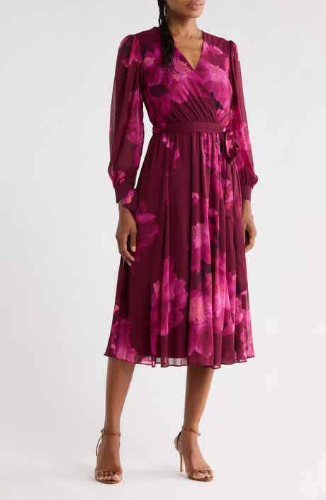 Floral Long Sleeve Chiffon Wrap Dress