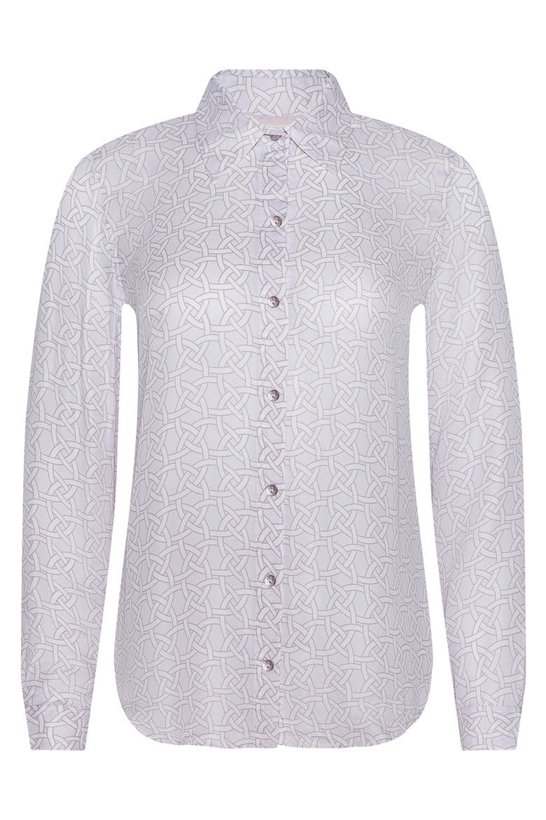 Nina Geo Print Silk Button-Up Shirt, Alternate, color, ICY LILAC LINKED GEO