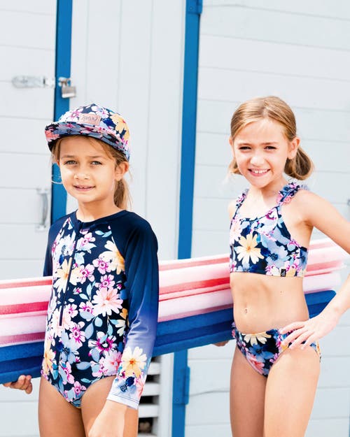 Deux Par Deux Little Girl's Printed Long Sleeve Rashguard Navy And Yellow And Pink Flowers In Navy Yellow And Pink Flowers