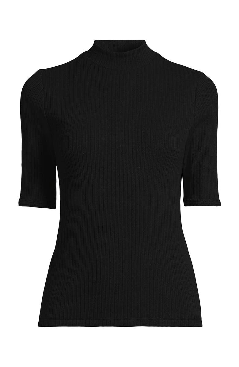Lands' End Plus Size Elbow Sleeve Pointelle Rib Mock Neck, Alternate, color, Black