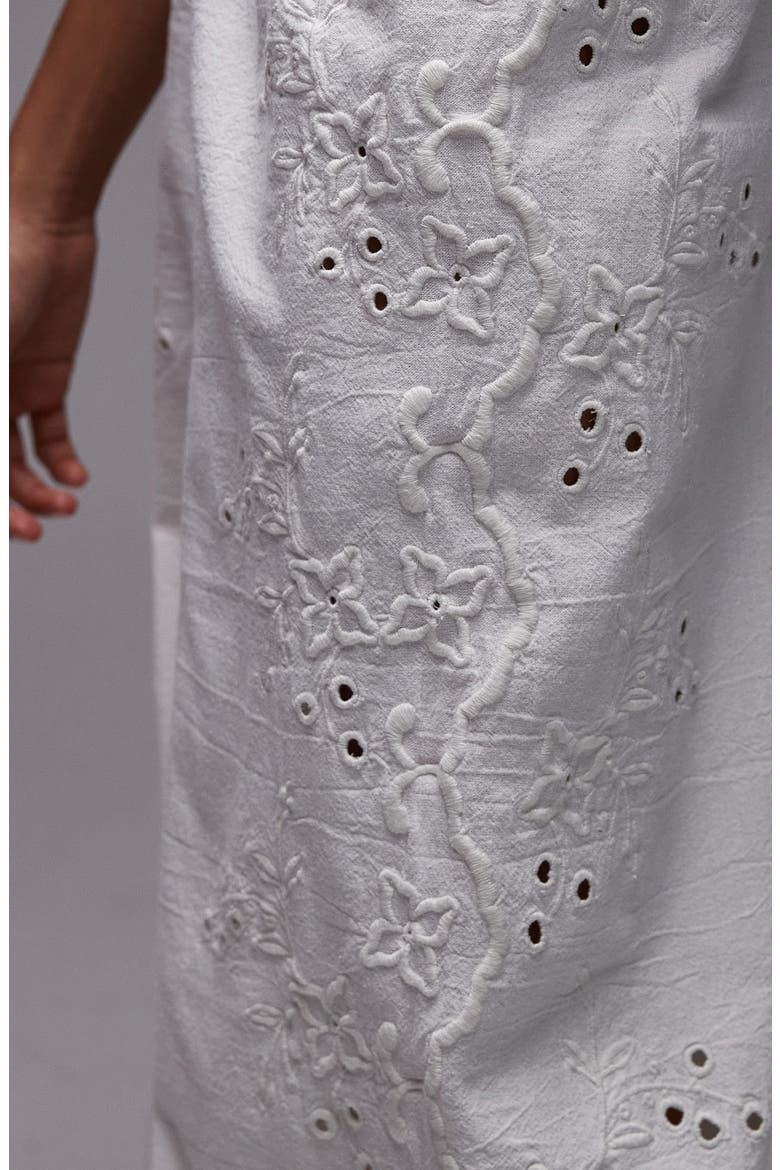 Eyelet Embroidered Wide Leg Cotton & Linen Drawstring Pants, Alternate, color, WHITE