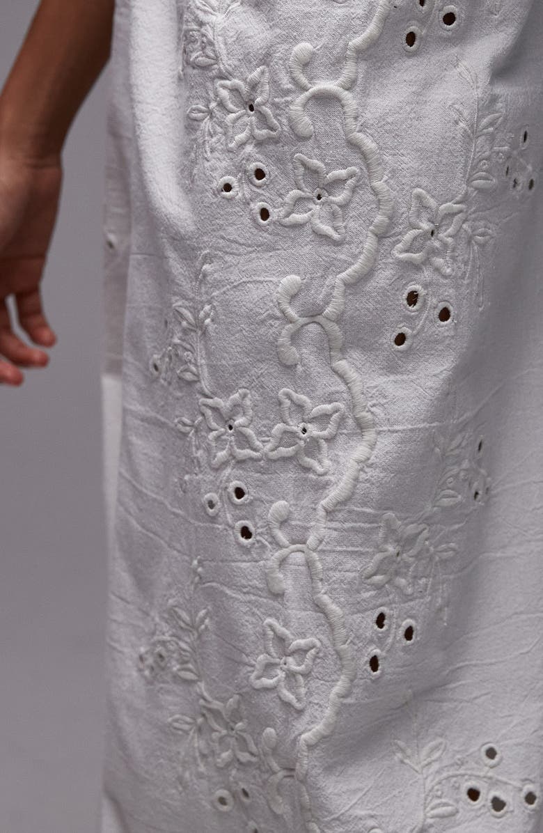 Topshop Eyelet Embroidered Wide Leg Cotton & Linen Drawstring Pants, Alternate, color, White