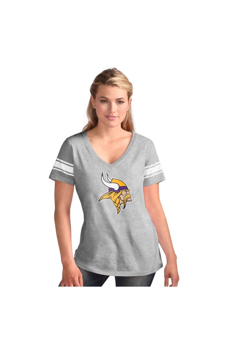 G-III 4HER BY CARL BANKS Women's G-III 4Her by Carl Banks Heather Gray Minnesota Vikings First Pick Distressed V-Neck T-Shirt, Alternate, color, Heather Gray