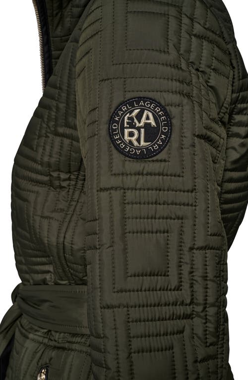 Karl Lagerfeld Paris Hooded Belted Quilted Zip Jacket In Green