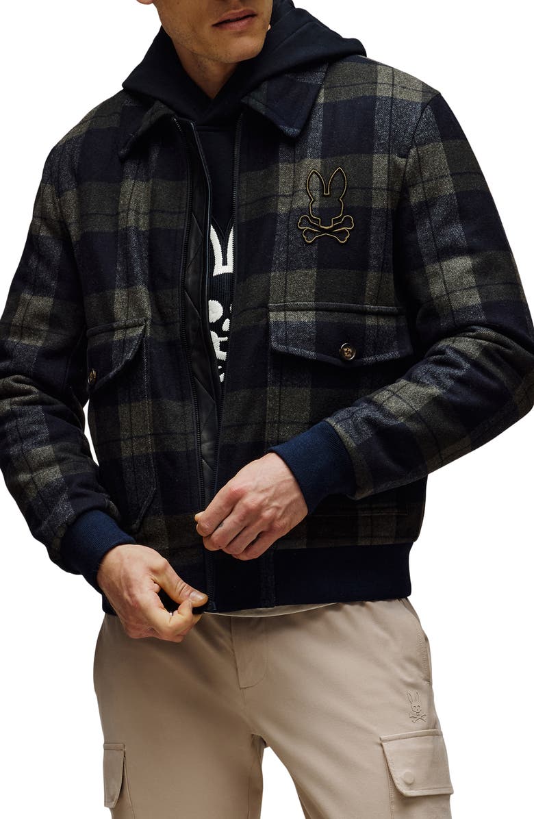 Psycho Bunny Gavin Plaid Wool Blend Bomber Jacket, Main, color, 
