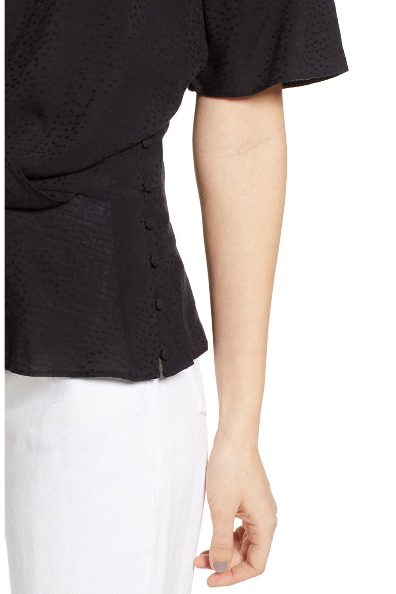 Side Button Textured Satin Wrap Top, Alternate, color, BLACK
