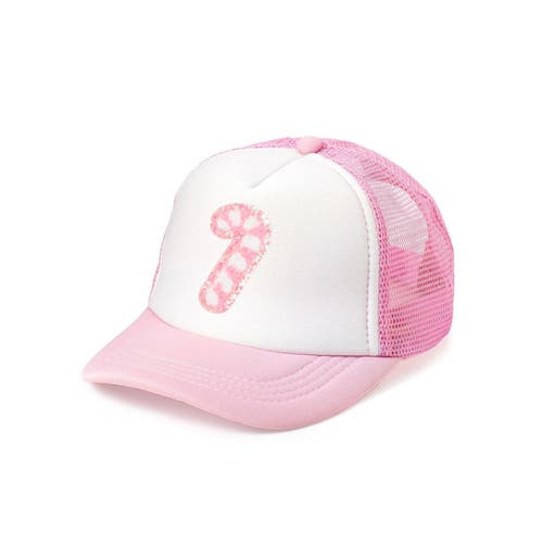 Sweet Wink Candy Cane Patch Christmas Trucker Hat In Pink/white