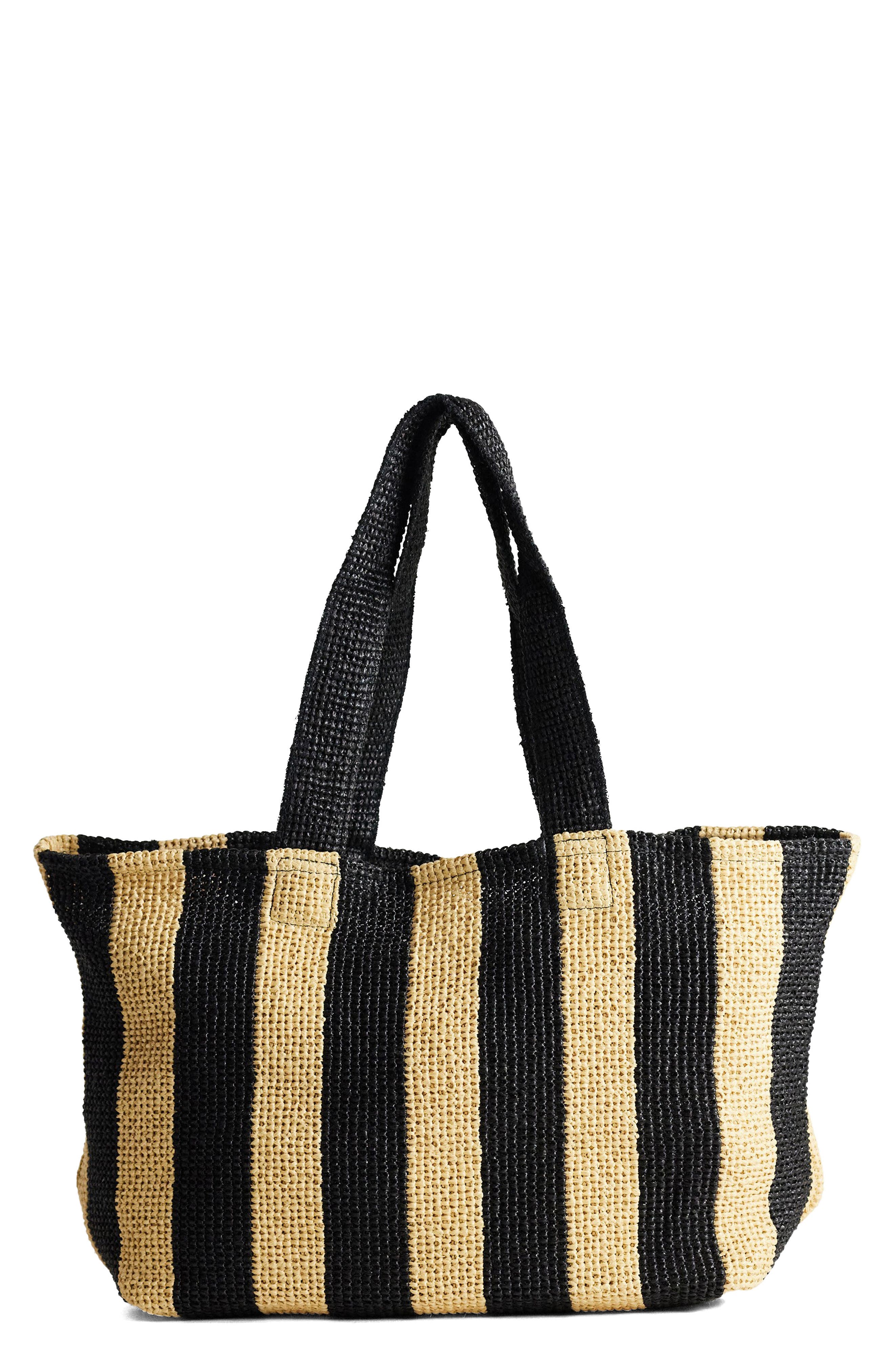 Selia Stripe Straw Tote, Main, color, BLACK