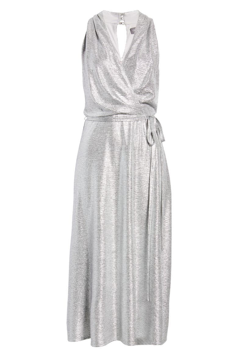 Donna Ricco Halter Neck Metallic Faux Wrap Dress, Alternate, color, SILVER