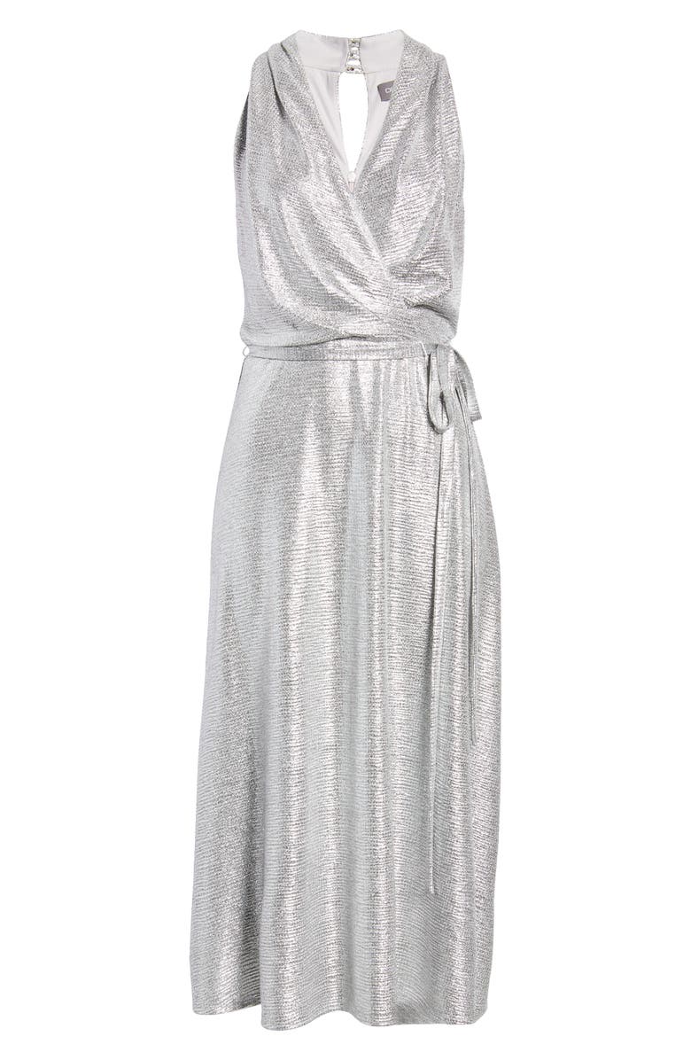 Julia Jordan Donna Ricco Halter Neck Metallic Faux Wrap Dress, Alternate, color, Silver