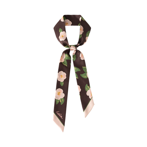 "Camellia" Silk Twill Skinny Scarf - Dark Brown