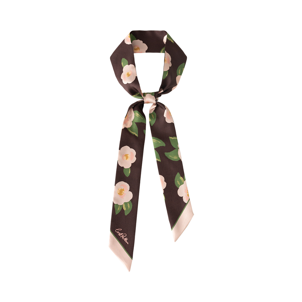 Lost Pattern Nyc "camellia" Silk Twill Skinny Scarf In Brown