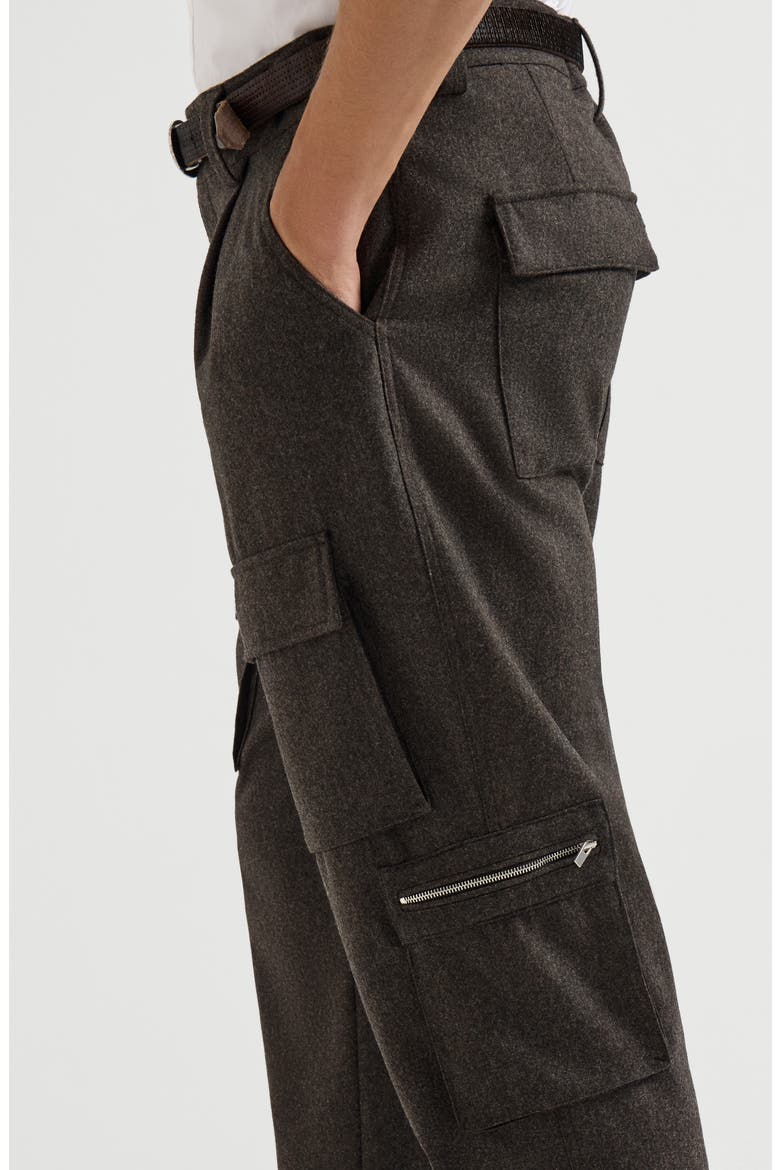 Virgin wool flannel trousers with cargo pockets and waist tabs, Alternate, color, Brown