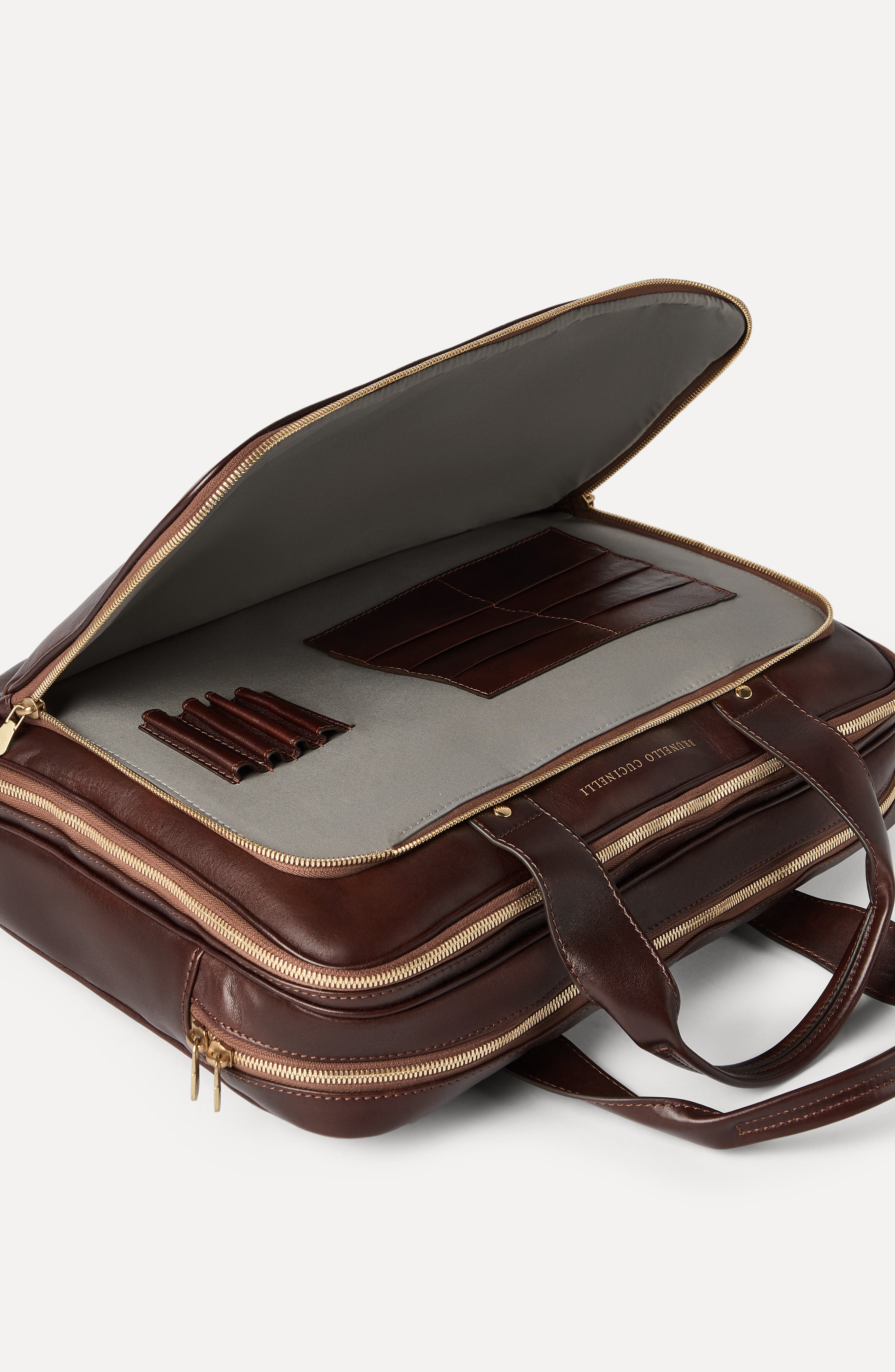 Brunello Cucinelli Calfskin briefcase with zipper, Alternate, color, Burgundy