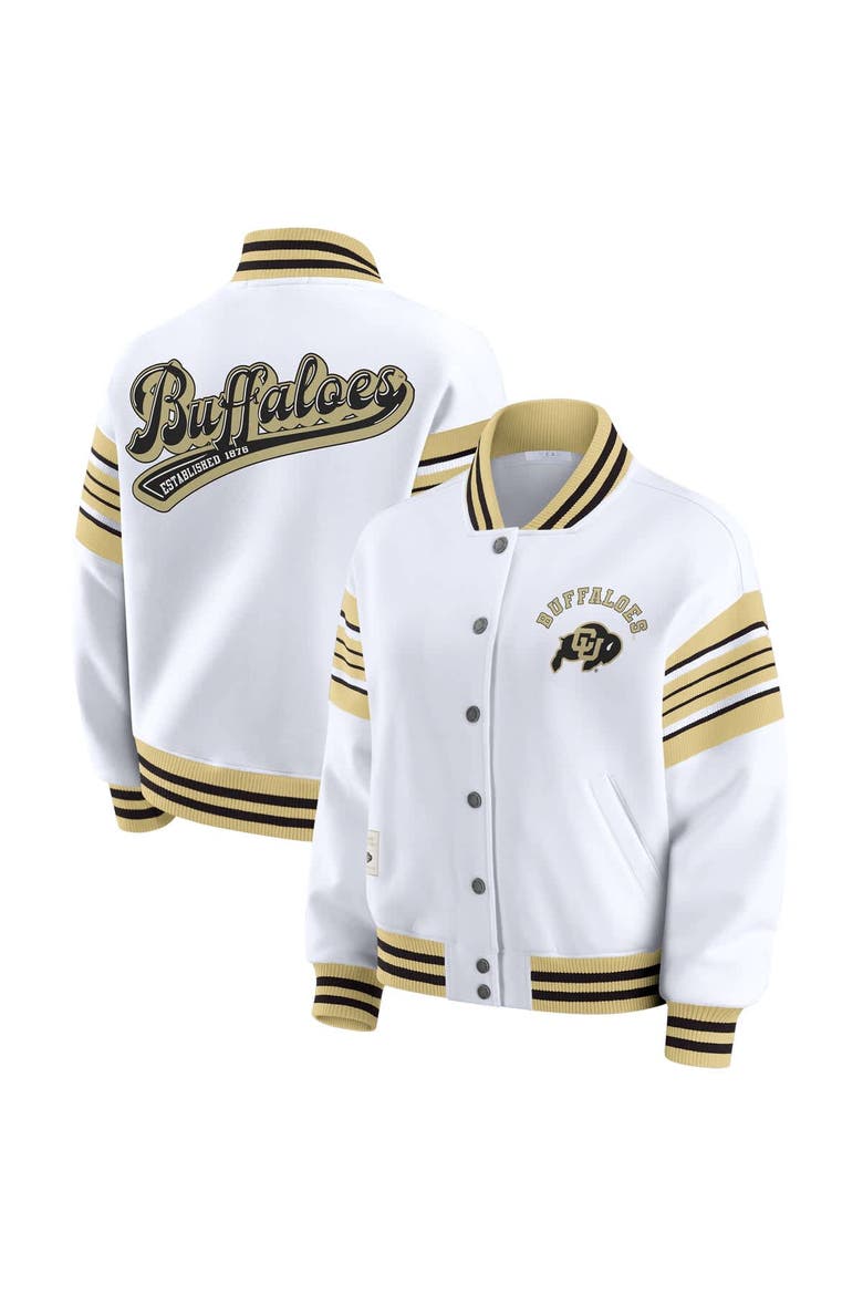 Women's WEAR by Erin Andrews White/Gold Colorado Buffaloes Satin Stitch Full-Snap Fleece Sweatshirt Jacket, Main, color, White