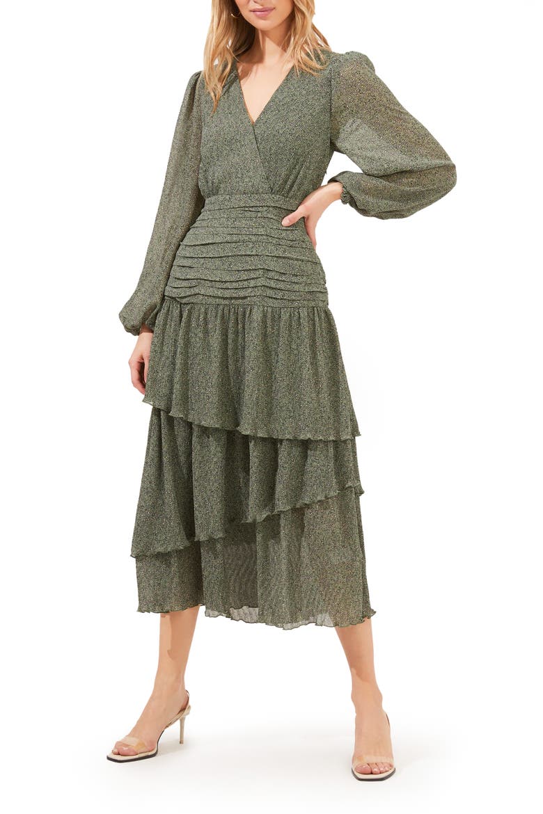 Ruched Tiered Ruffle Dress, Main, color, GREEN DITSY