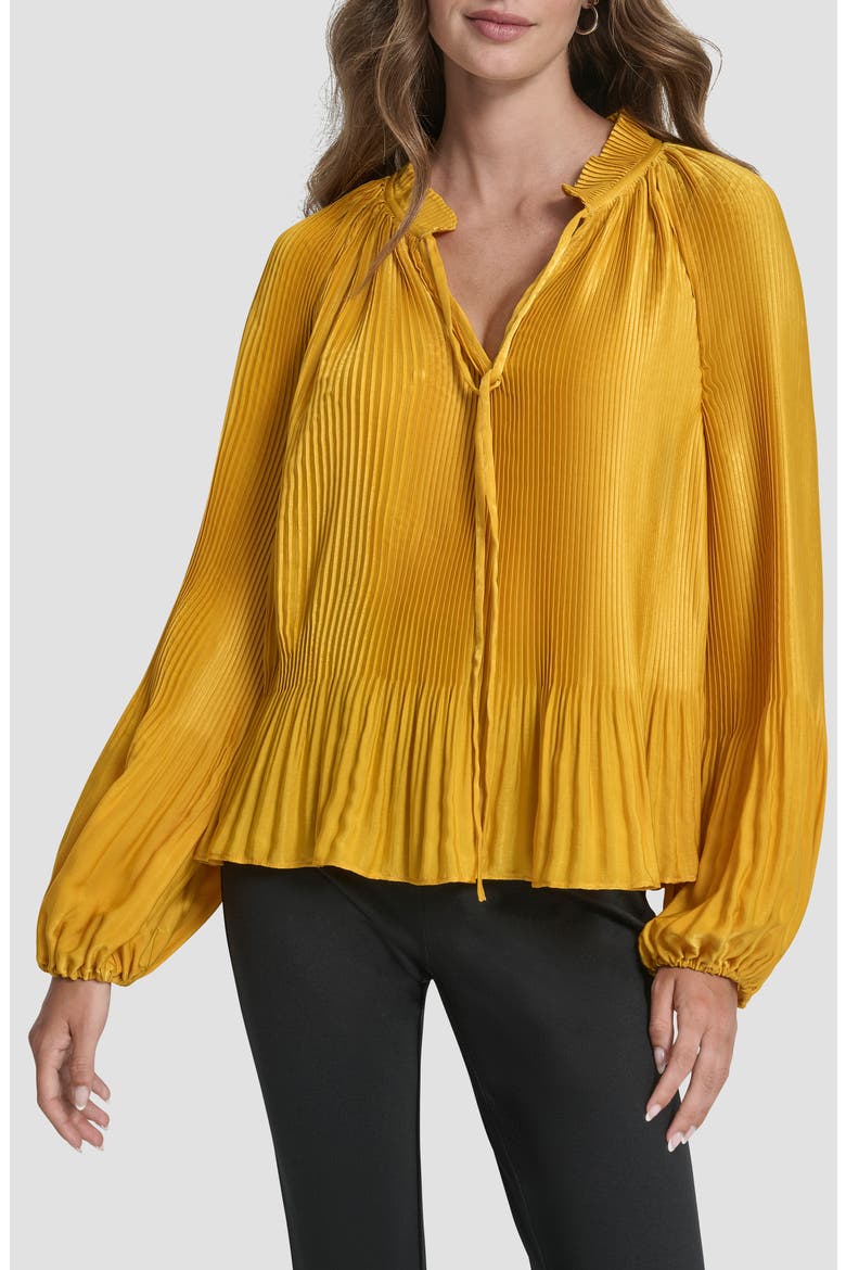 Pleated Tie Neck Satin Top, Main, color, SUNSET YELLOW