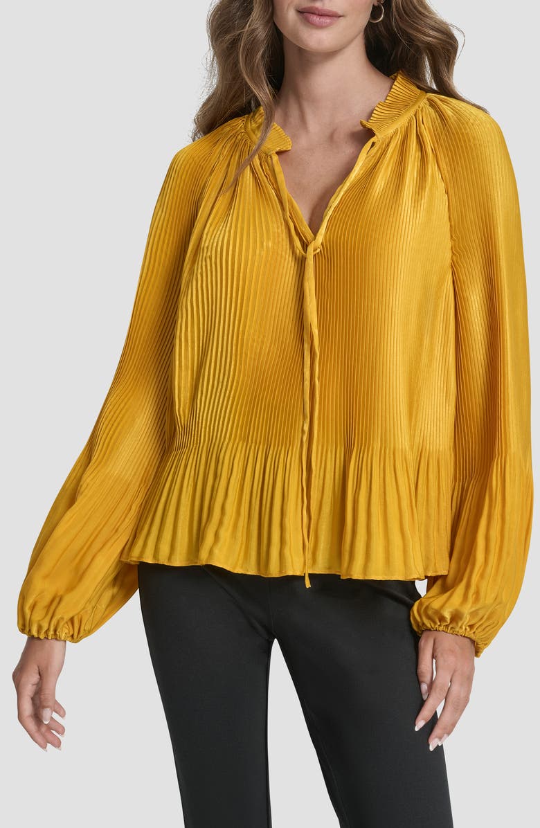 DKNY Pleated Tie Neck Satin Top, Main, color, Sunset Yellow