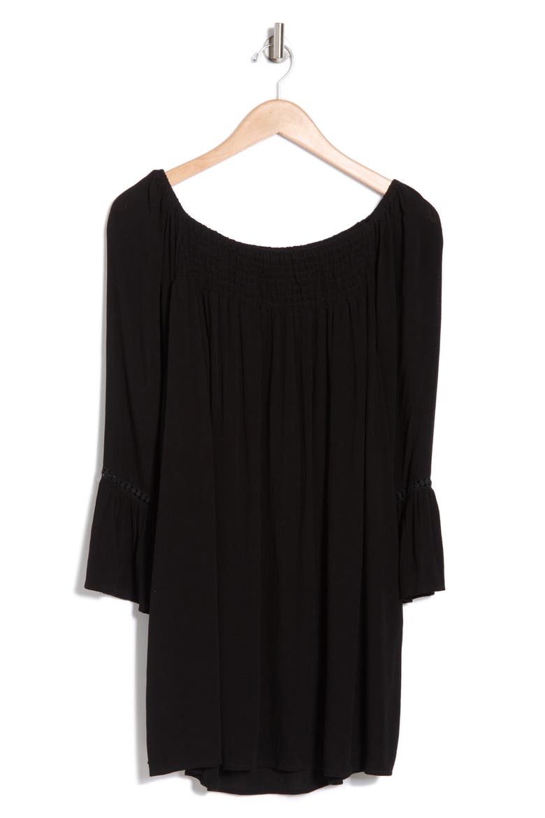 Smocked Bell Sleeve Blouse, Alternate, color, BLACK