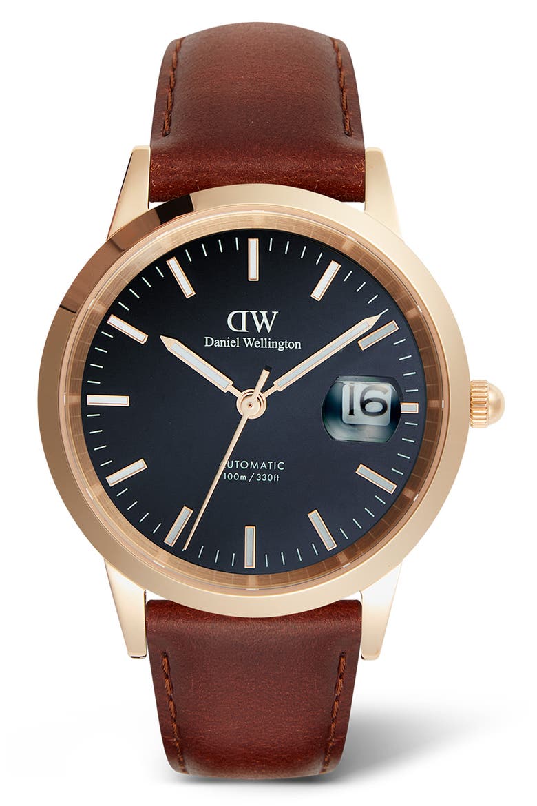Iconic Automatic Leather Strap Watch, 40mm, Main, color, BROWN/ ROSE GOLD
