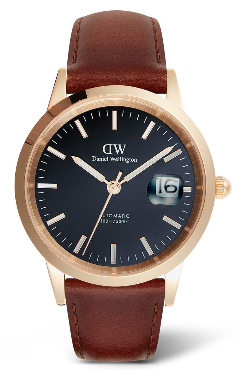 Daniel Wellington Iconic Automatic Leather Strap Watch, 40mm, Main, color, Brown/ Rose Gold