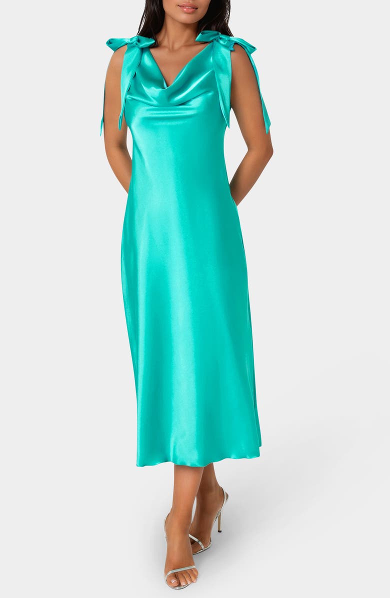bebe Shoulder Tie Satin Midi Dress, Main, color, Emerald