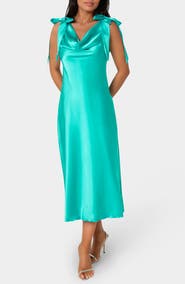 bebe Shoulder Tie Satin Midi Dress
