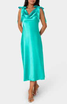 bebe Shoulder Tie Satin Midi Dress