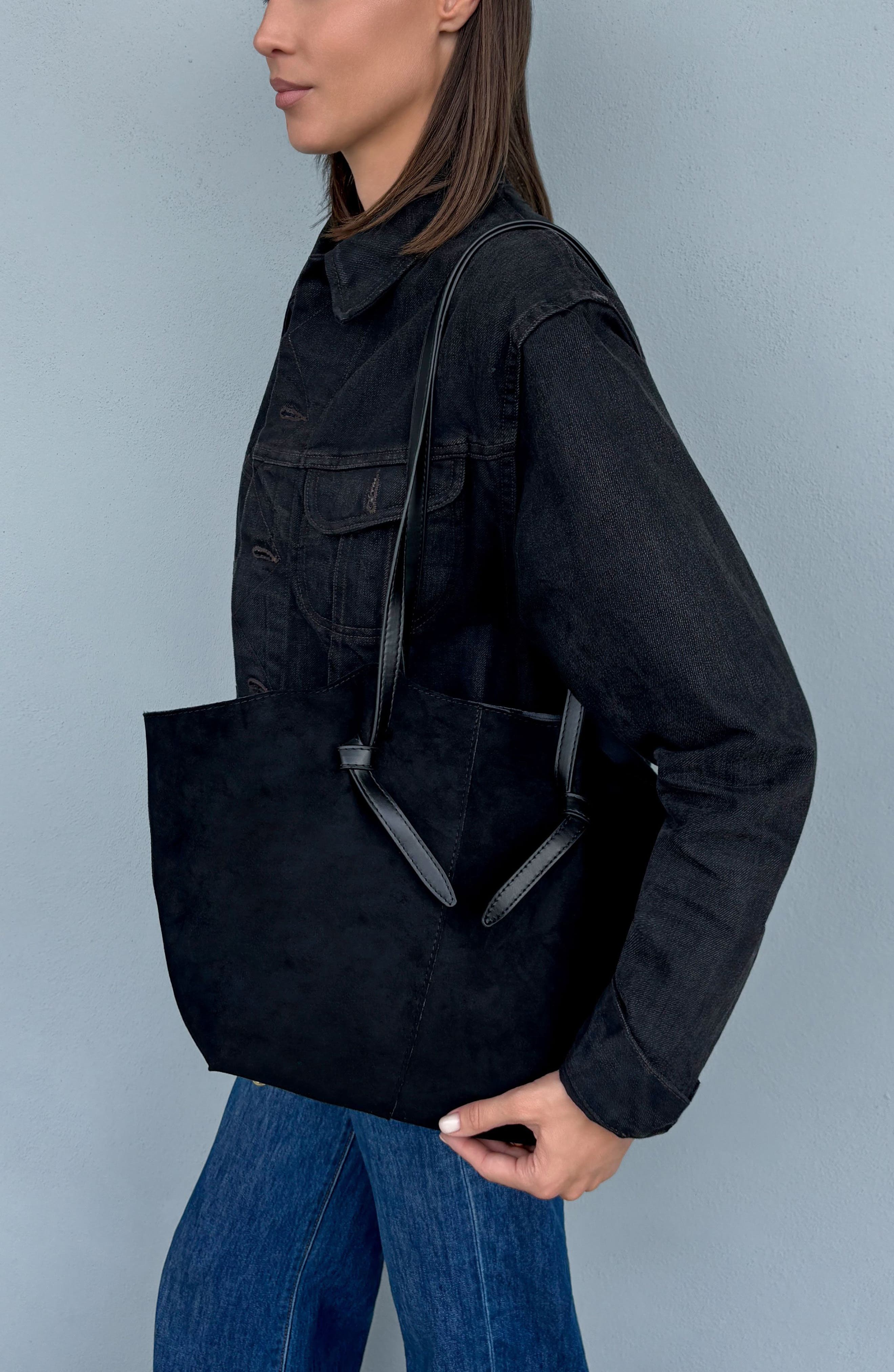 Large Faux Leather Tote, Alternate, color, BLACK