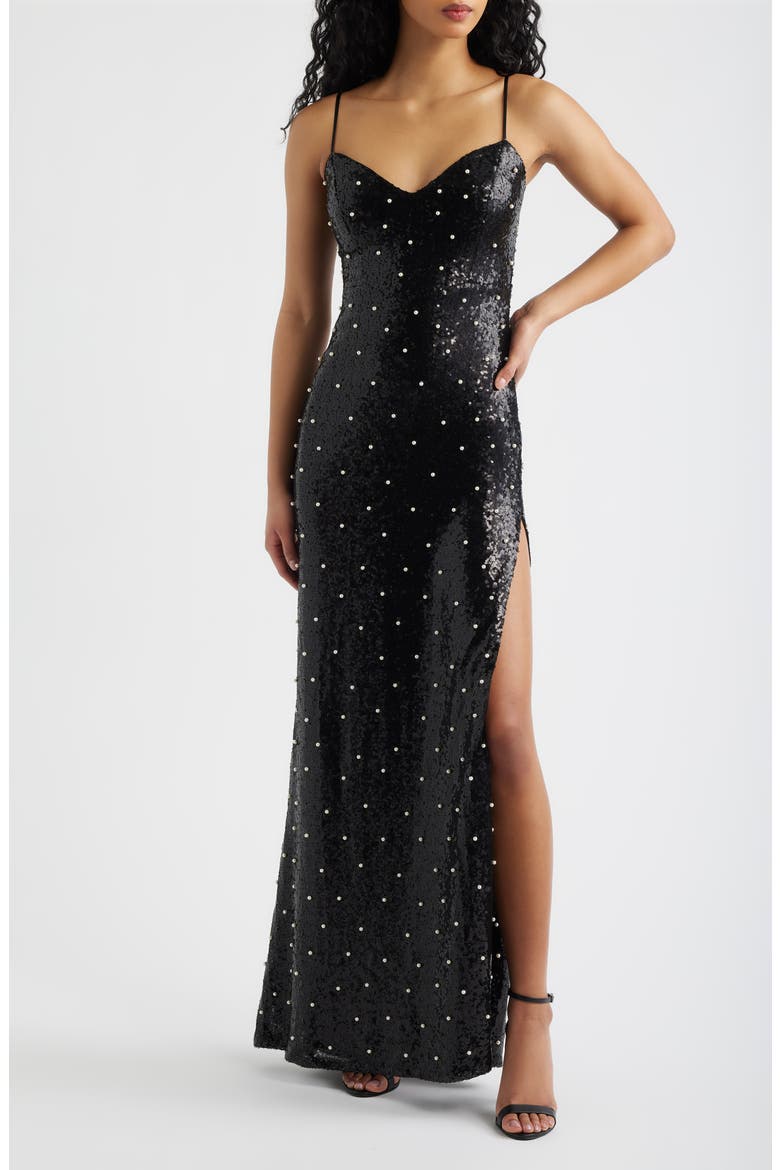 Sequin Faux Pearl Lace Up Gown, Main, color, BLACK / IVORY