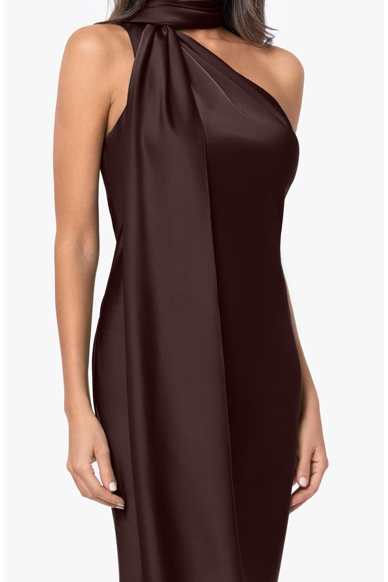 Asymmetric Tie Neck Satin Dress, Alternate, color, BROWN