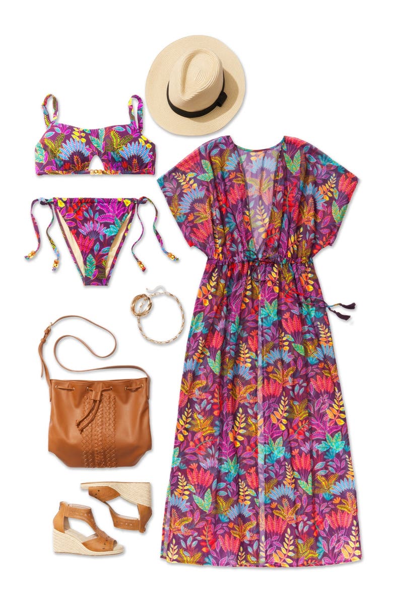 Swimsuits for All Open Front Tie-Waist Maxi Cover Up, Alternate, color, Black Cherry Boho