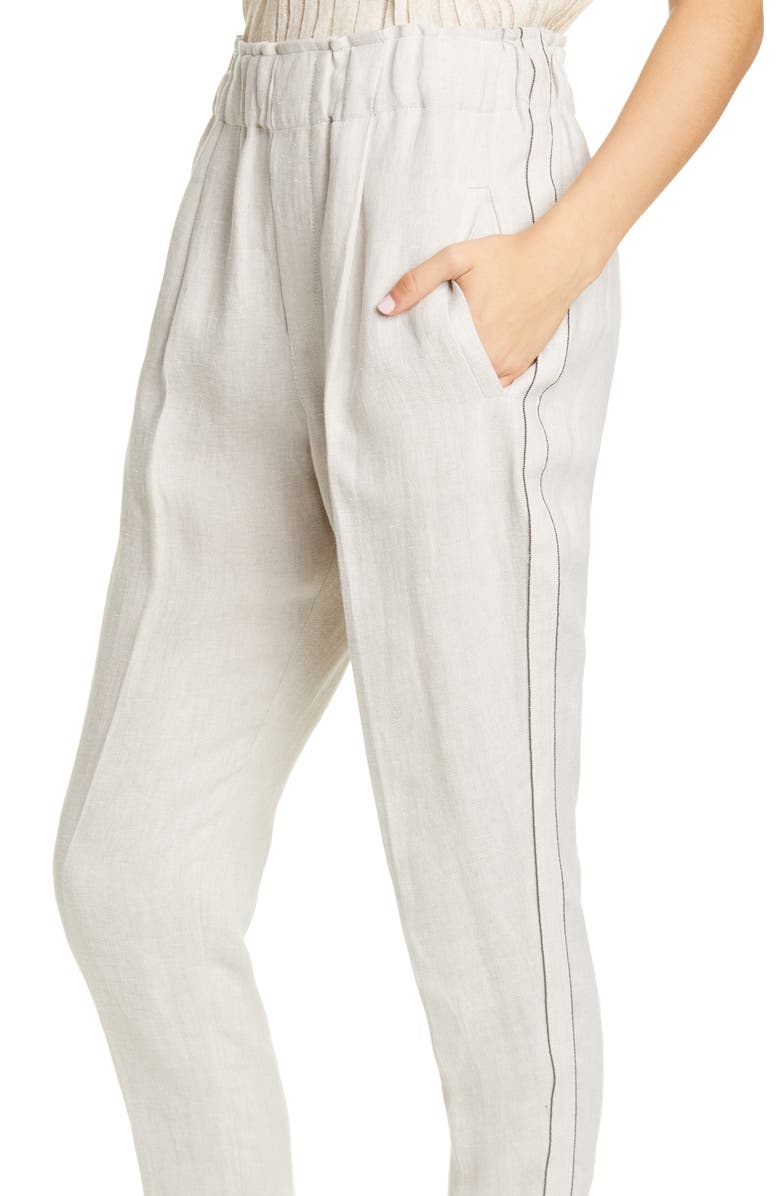 Brunello Cucinelli Monili Stripe Linen Pull-On Crop Pants, Alternate, color, 