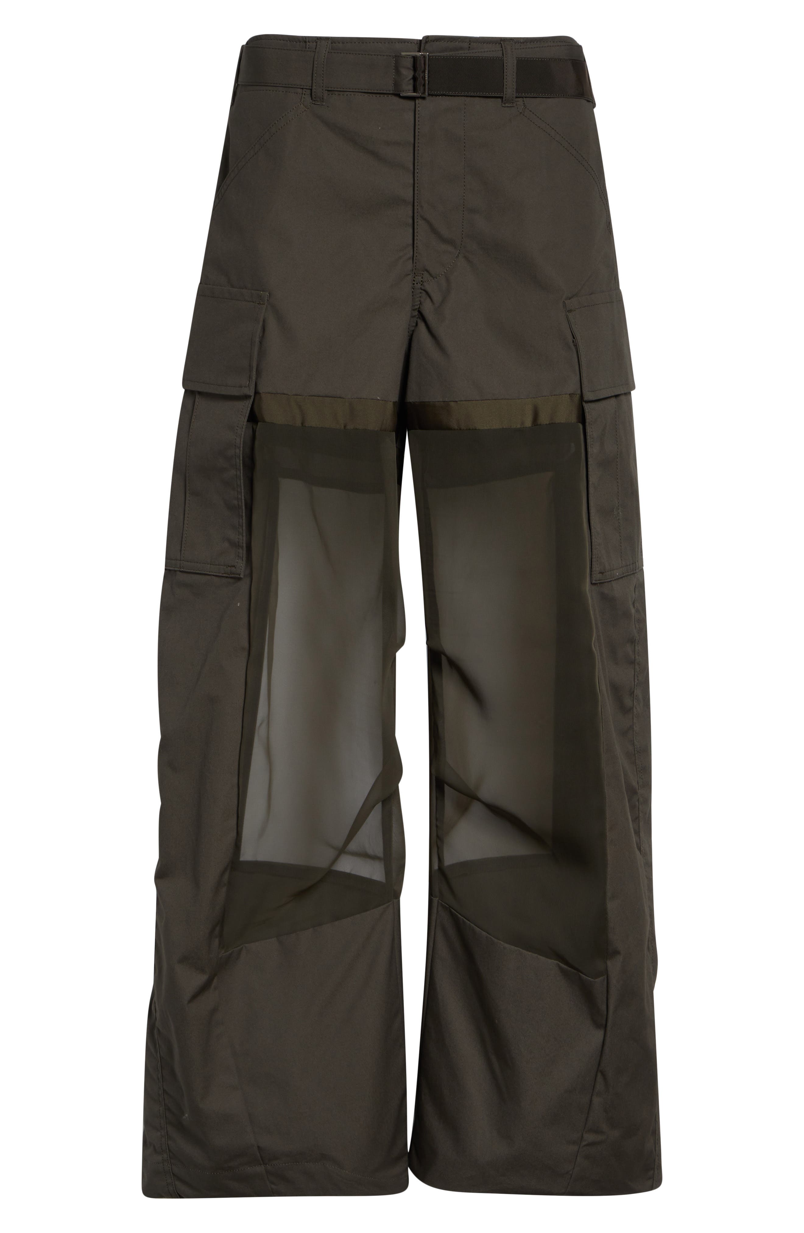 Sacai Mixed Media Coated Cotton & Chiffon Wide Leg Cargo Pants