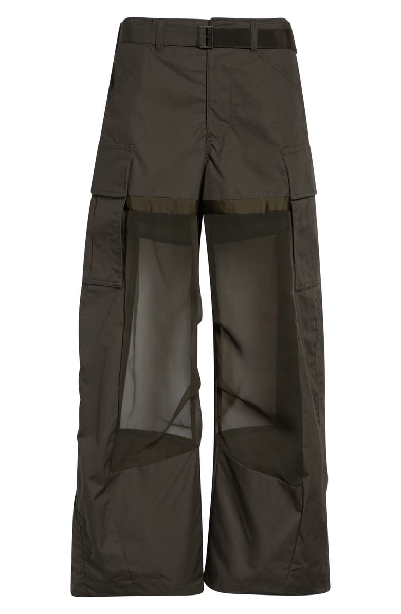 Sacai Mixed Media Coated Cotton & Chiffon Wide Leg Cargo Pants, Main, color, Dark Khaki