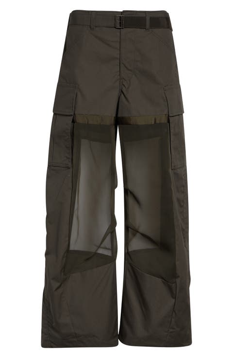 Mixed Media Coated Cotton & Chiffon Wide Leg Cargo Pants