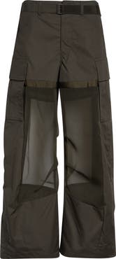 Sacai Mixed Media Coated Cotton & Chiffon Wide Leg Cargo Pants