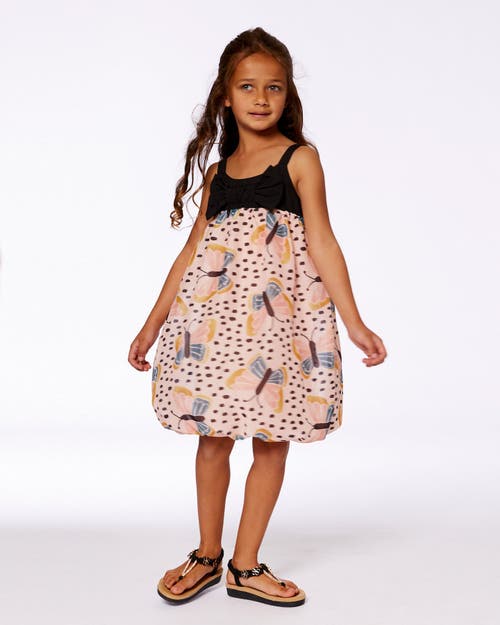 Deux Par Deux Little Girl's Printed Bubble Dress Black And Pink Butterflies In Black And Pink Butterflies