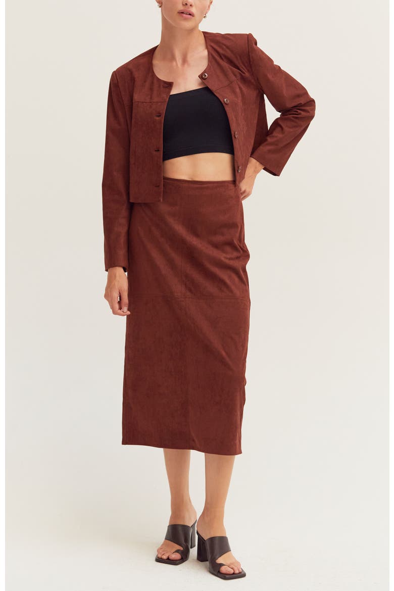 Faux Suede Collarless Cropped Jacket, Alternate, color, Brown