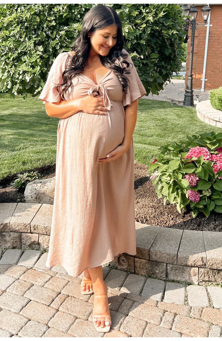 PinkBlush Front Tie Ruffle Sleeve Midi Dress, Alternate, color, Mocha