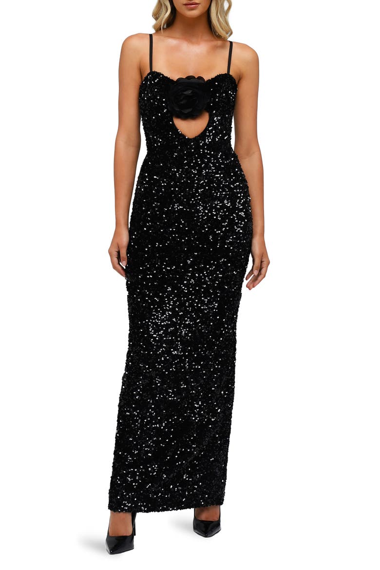 Lyla Sequin Cutout Gown, Main, color, BLACK