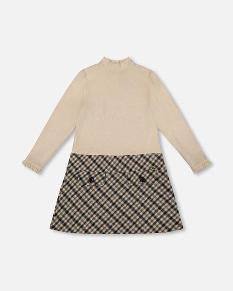 Long Sleeve Bi-Material Mock Neck Dress and Plaid (Toddler & Little Kid)